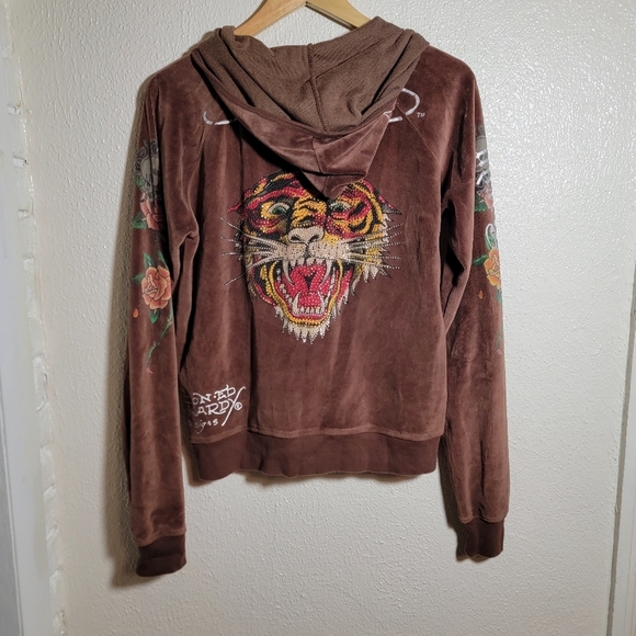 y2k Ed Hardy Tiger Rose Graphic Rhinestone Full Zip Velour Hoodie sz XL Brown - Picture 9 of 14